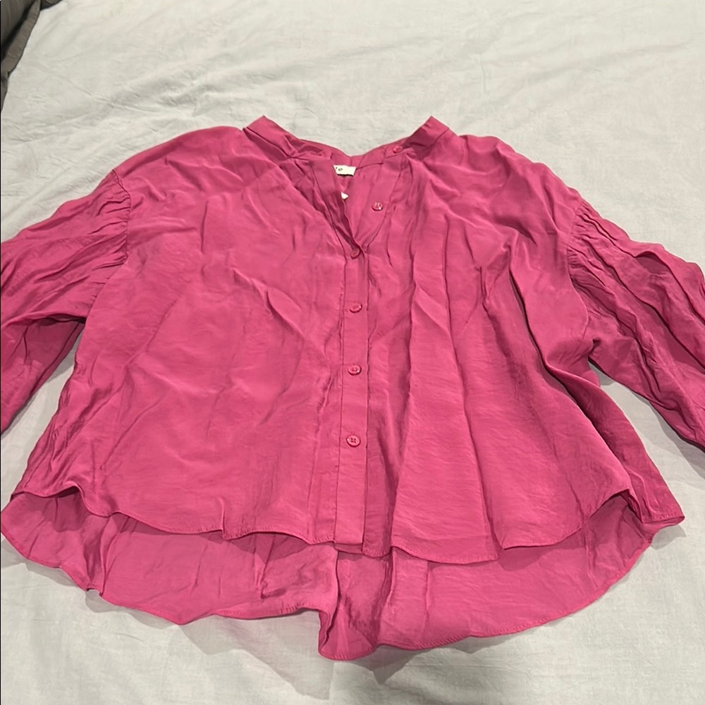 Fate Pink Boxy 3/4 Sleeve Blouse with Mandarin Collar